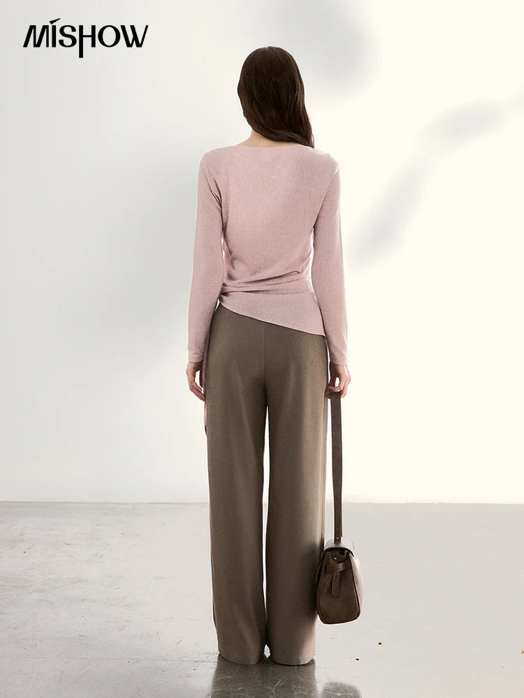 MISHOW Women's Splicing Lace Trim Draped Neck Long Sleeve Tops 2026 Spring Side Tie Ruched Irregular Casual Slim Tees MXF13Z2995