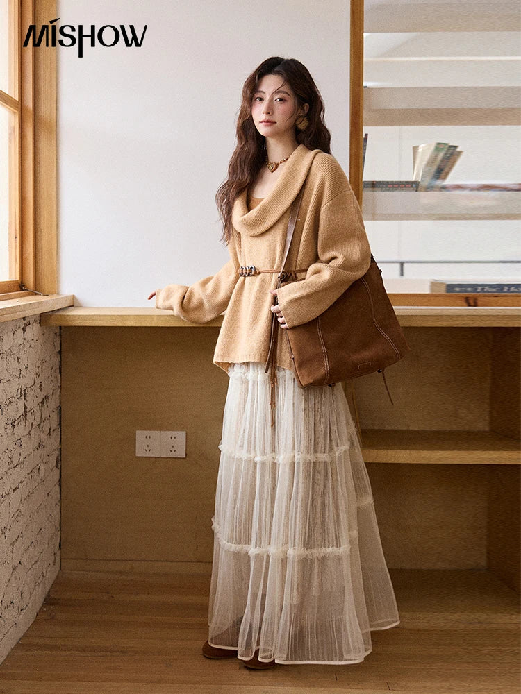 MISHOW Women's Orange Sweater 2025 Winter French Style Luxury Loose Long-sleeved Sweater Vest Belt Three-piece Set  MXE86T1437