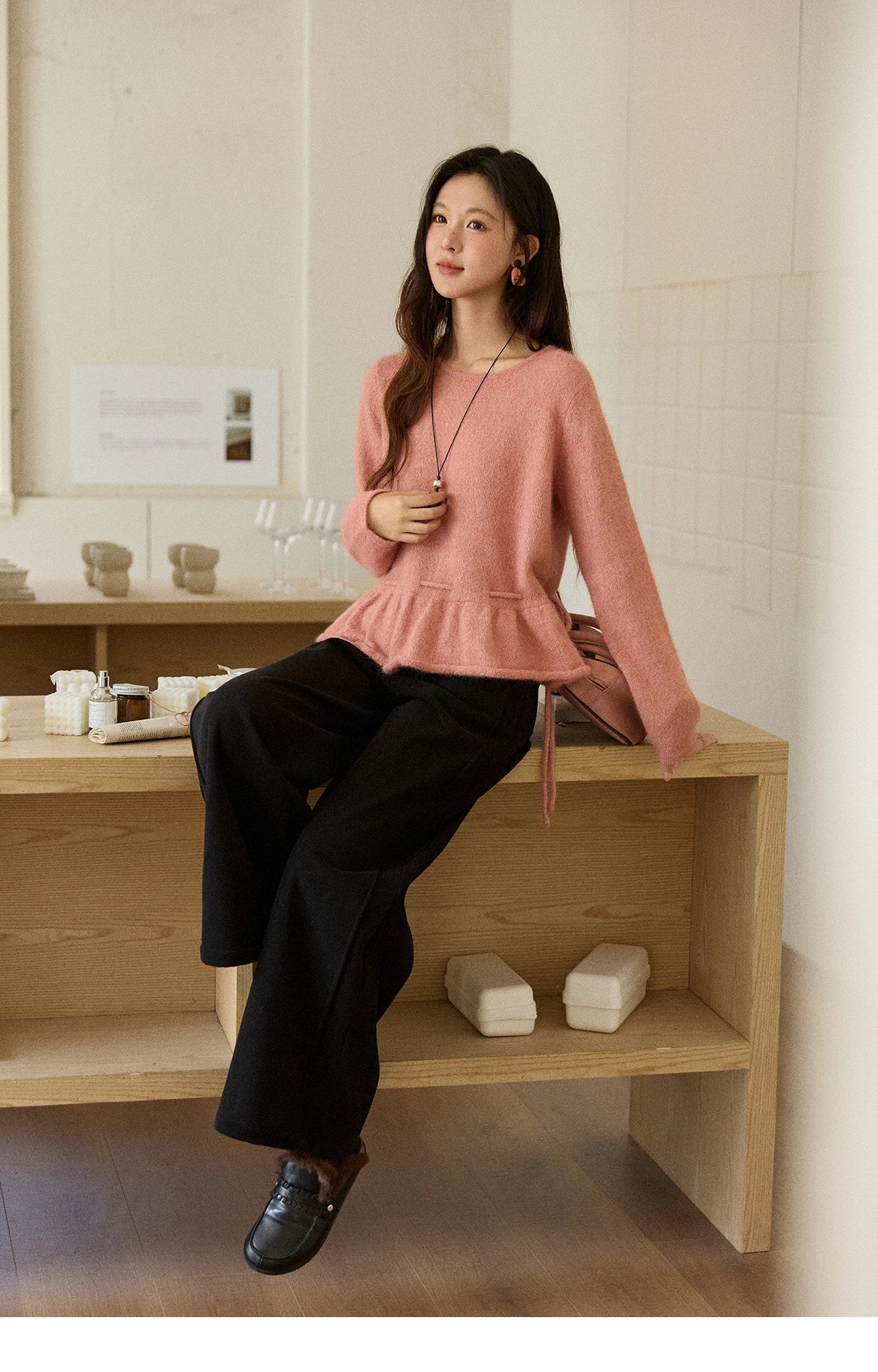 MISHOW Women's Pink Sweater 2025 Winter French Style Round Neck Knit Top Ruffled Hem with Drawstring Belt Pullover MXE90Z2824