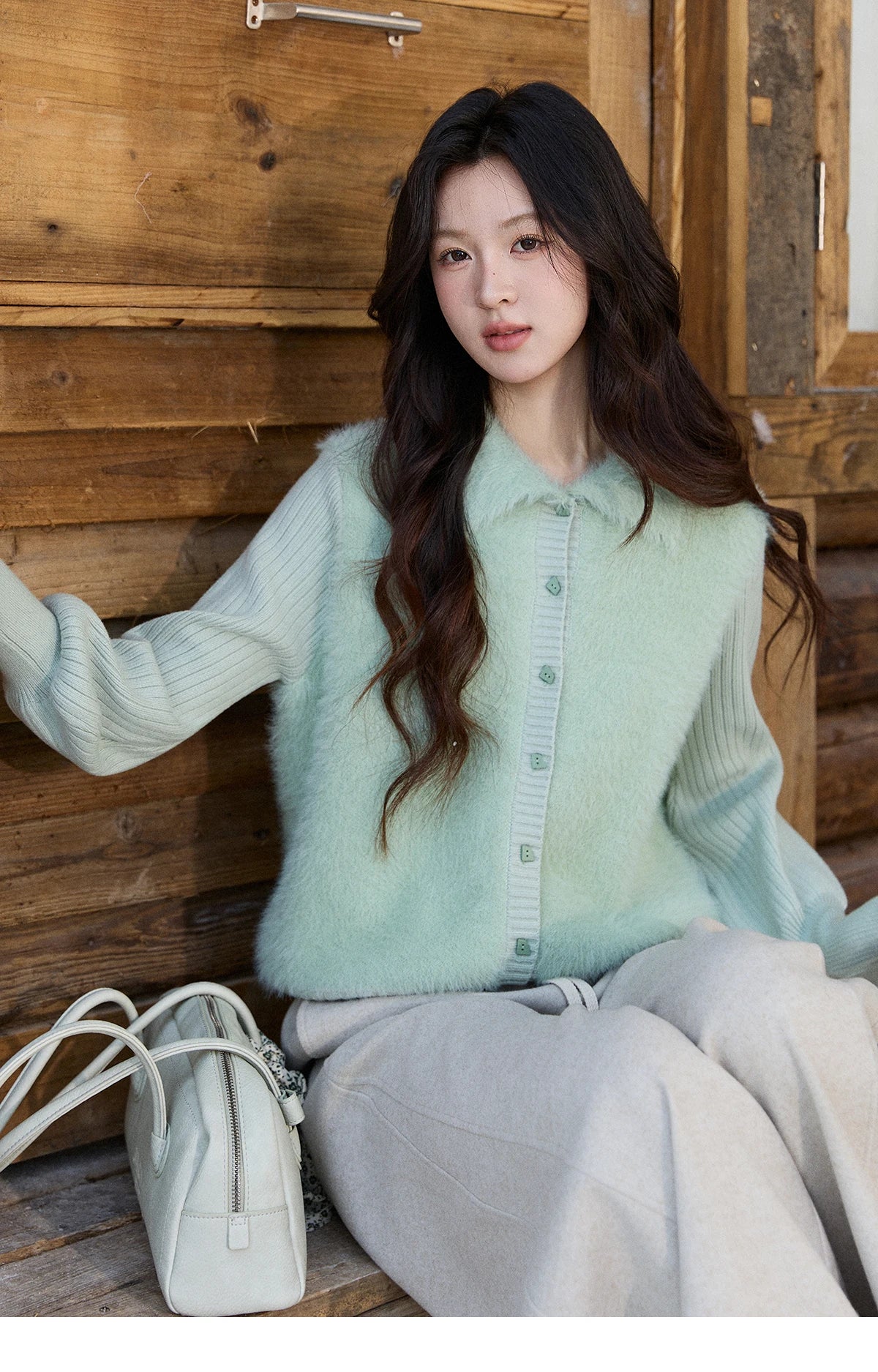 MISHOW Women's Green Faux Mink Fur Patchwork Knitted Cardigan Winter Lapel Warm Soft Knit Top single-breasted sweater MXE86Z2764