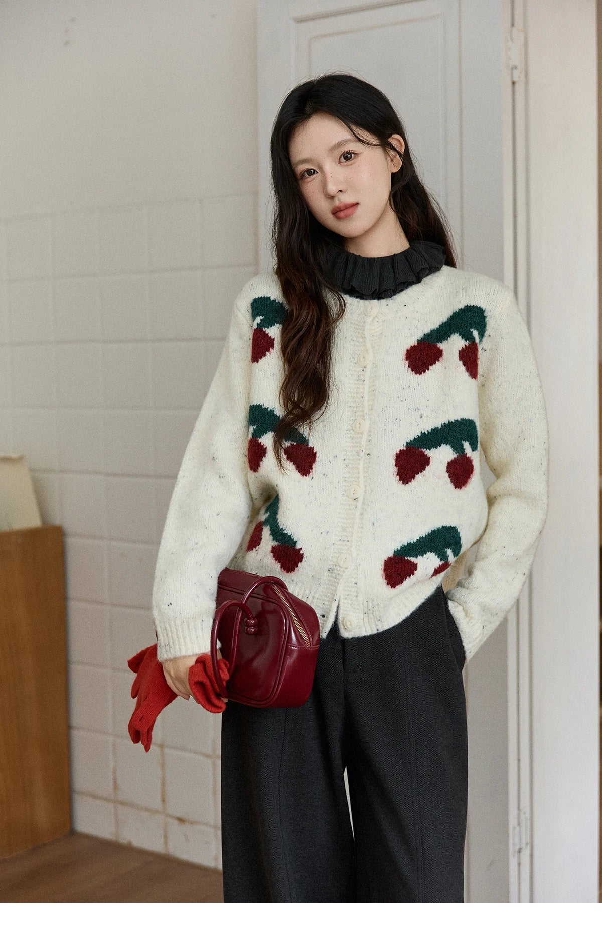 MISHOW Women's Cherry Jacquard Flecked Cardigan 2025 Autumn Winter Korean Drop Shoulder Tops Loose Crew Neck Knitwear MXE91Z2837