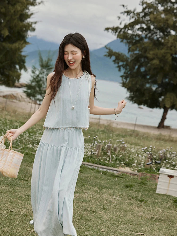 MISHOW Casual Vest Skirt Sets for Women Summer 2025 Sleeveless Round Neck Vests Solid Midi Skirts Female Fashion MXE33T0526