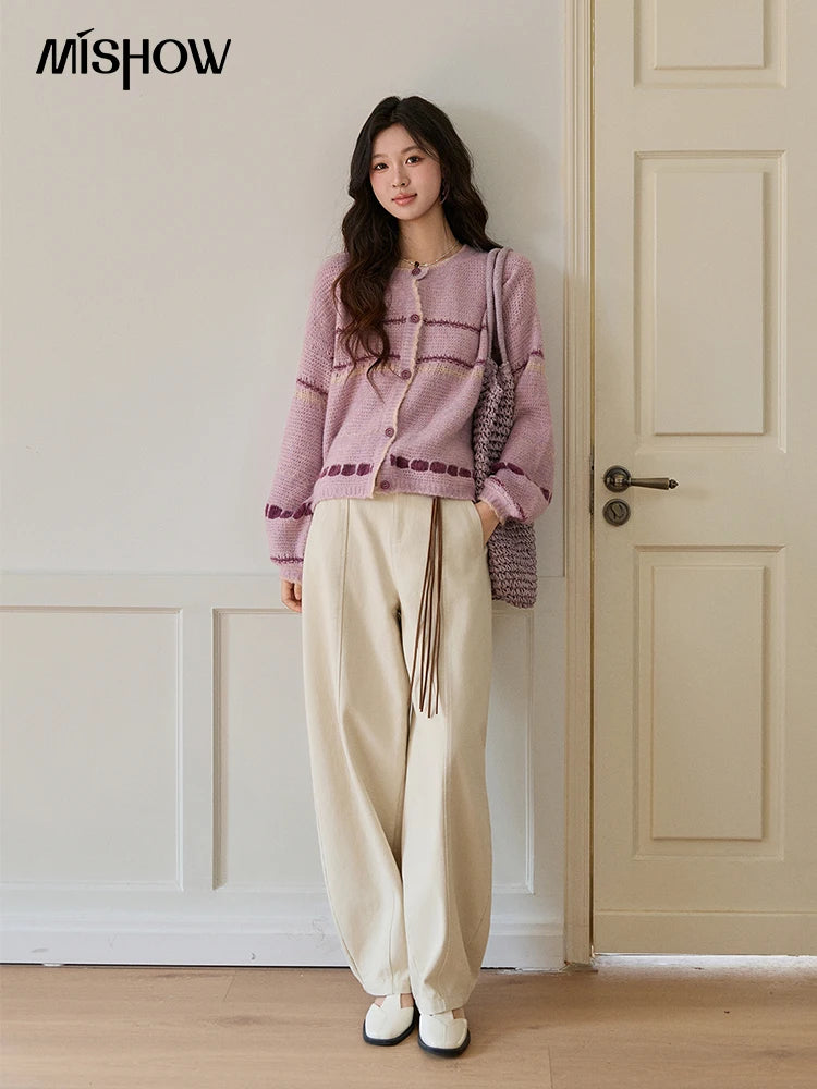 MISHOW Women's Lilac Knit Cardigan 2026 Spring Striped Dot Pattern Crew Neck Tops Single Breasted Warm Loose Sweater MXF11Z2897