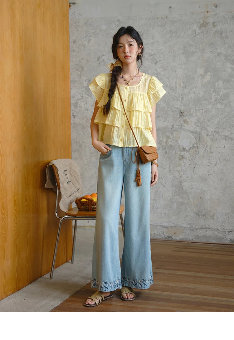 MISHOW Butterfly Sleeve Chiffon Shirt Women's 2025 Summer New Women's Clothing Retro Square Neck Button Casual Shirt MXD30X1488