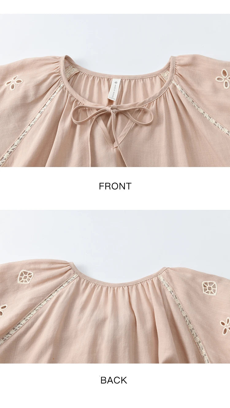 MISHOW French Summer Blouse Women 2025 Short Puff Sleeve Round Neck Solid Hollow Embroidery Shirts Woman Holiday Thin MXE31X1747