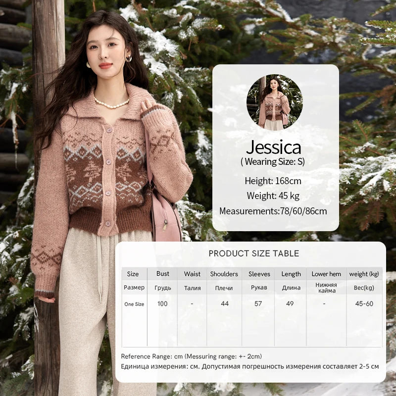 MISHOW Fair Isle Knitting Sweater Christmas Retro Cardigan Women Temperament Turn Down Collar Soft Warm Knitted Coat MXD58Z1036