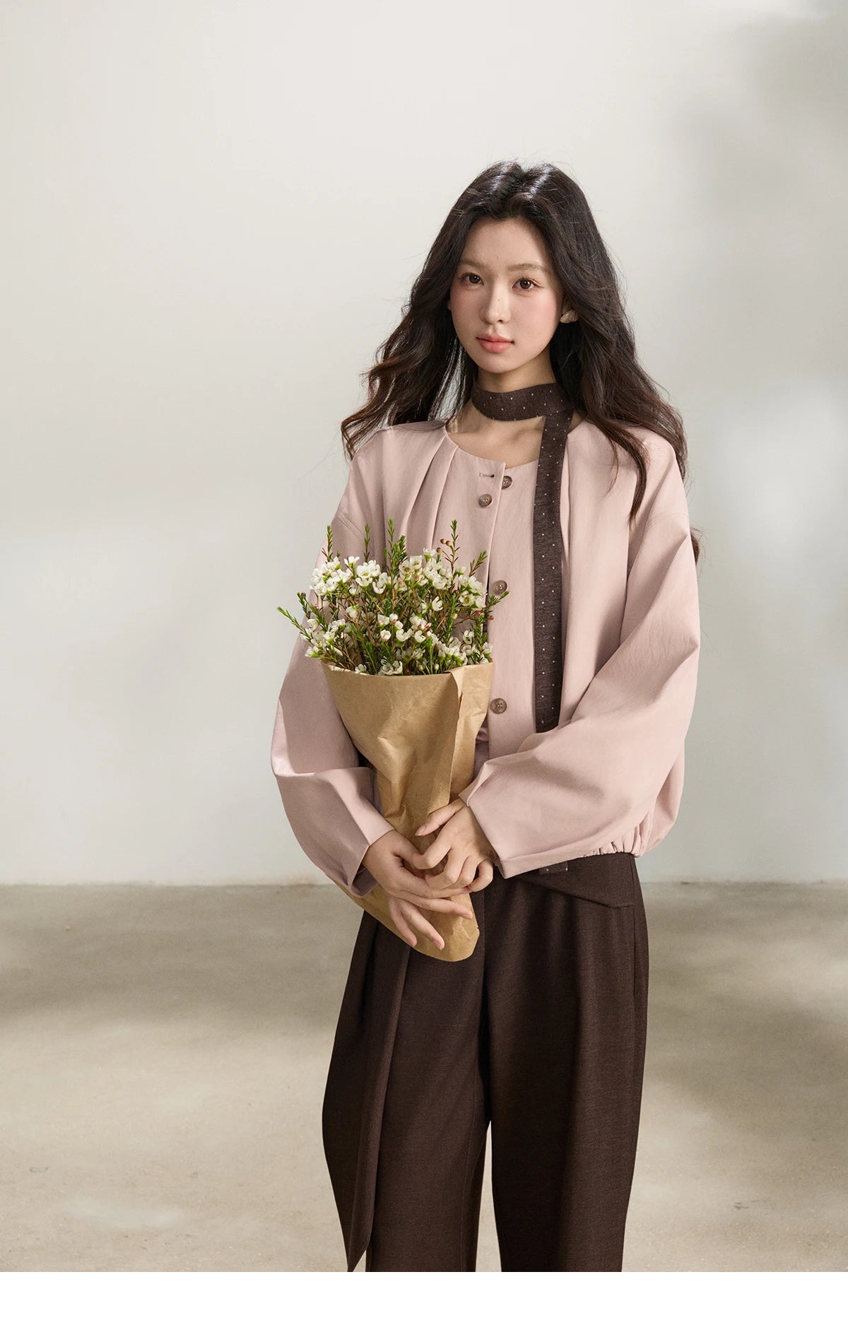 MISHOW Women's Pink Flower Bud Leather Jacket Spring 2026 Crew Neck Single-breasted Coats Casual Loose Cropped Coat MXF108W1001