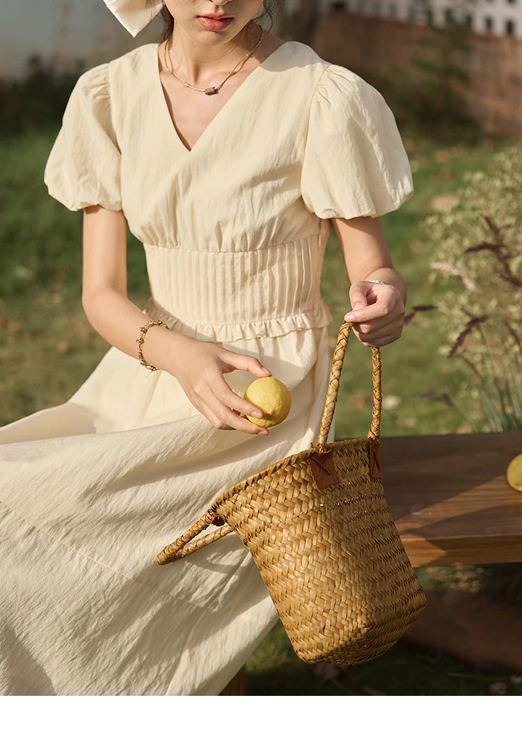 MISHOW French Summer Dresses Women 2025 New Short Puff Sleeve V-neck Solid Cotton Blended Dress Female Slimming MXE34L2288