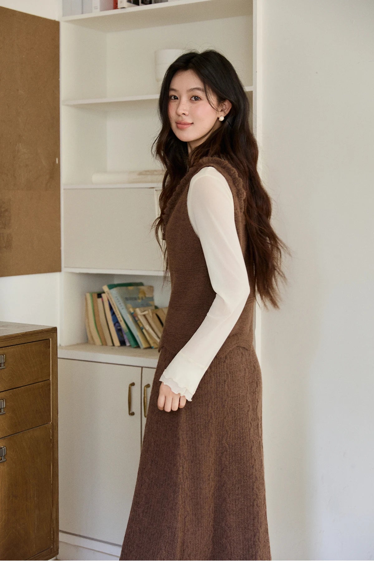 MISHOW Women's Brown Two-Piece Set 2026 Spring Knitted Vest V-Neck Cable Knit Maxi Skirt Casual Retro Warm Outfit MXF11T1460