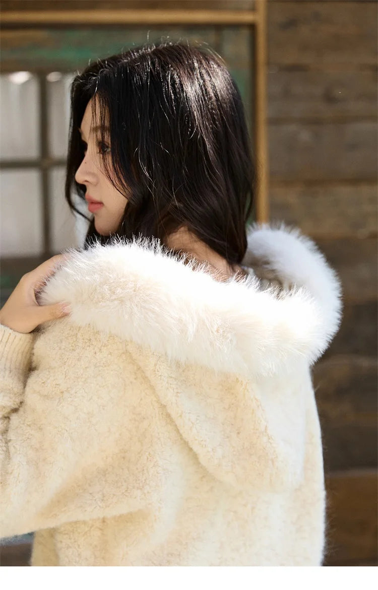 MISHOW Women's Beige White Cardigan Winter Fur Hood Zipper Warm Loose Outerwear Towel Embroidered Knitted Cardigan MXE94Z2963