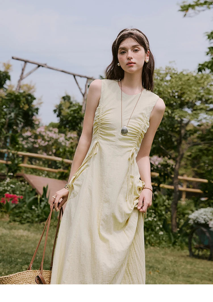 MISHOW Office Lady Summer Dress Women New 2025 Sleeveless Round Neck Drawstring Waist with Pockets Slim Dresses Woman MXE34L2228