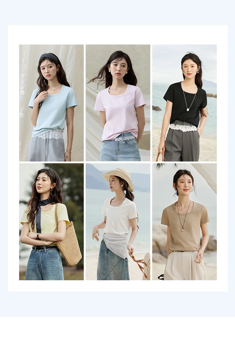 MISHOW Solid Casual T-shirts Women Summer 2025 New Square Neck Short Sleeve Shirt Female Fashion Straight Tops Woman MXE15T0483