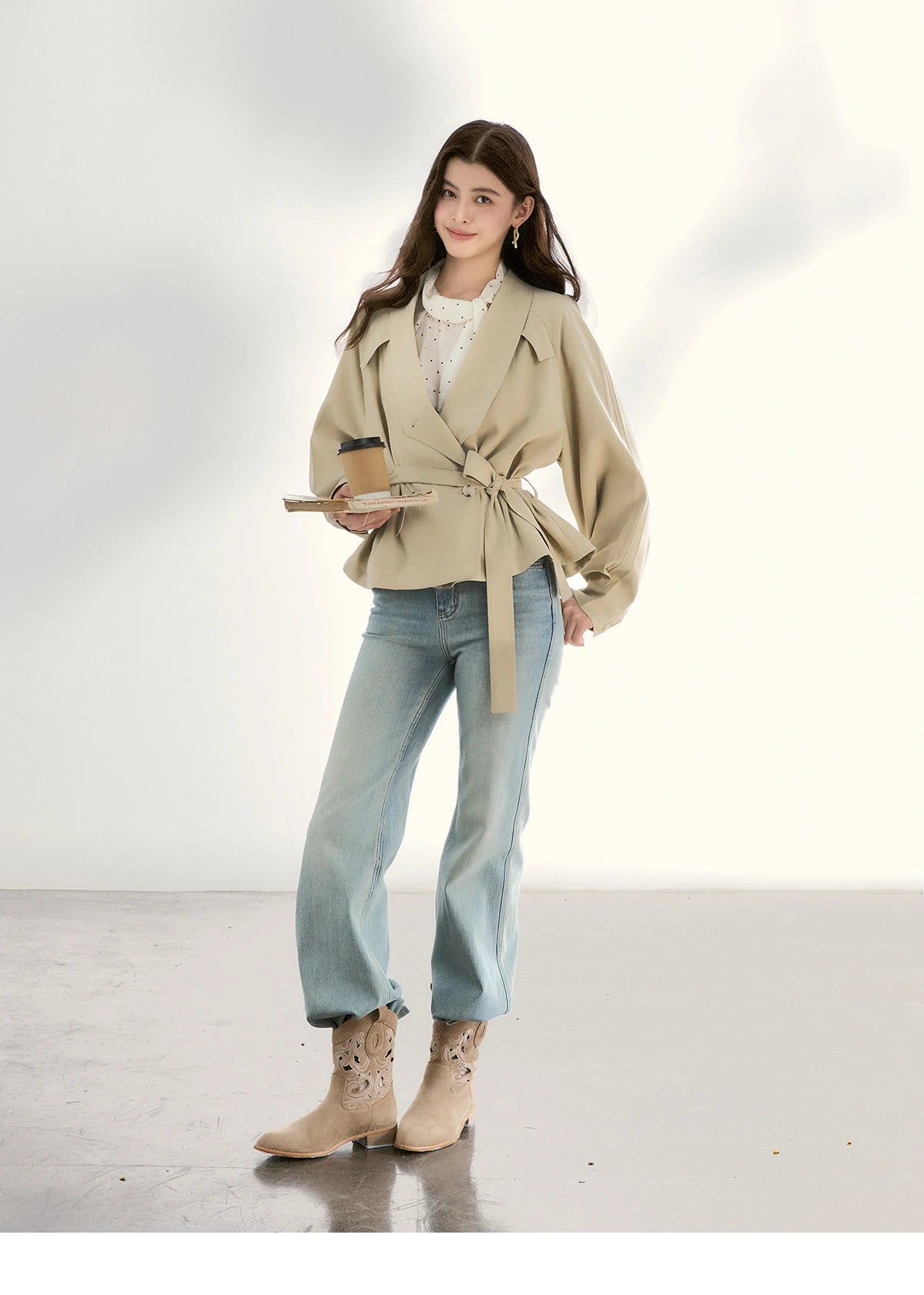 MISHOW Women's Khaki Belted Waist Coat 2026 Spring Lapel Double-breasted Coats female Casual Short Jacket Office Lady MXF13W1056