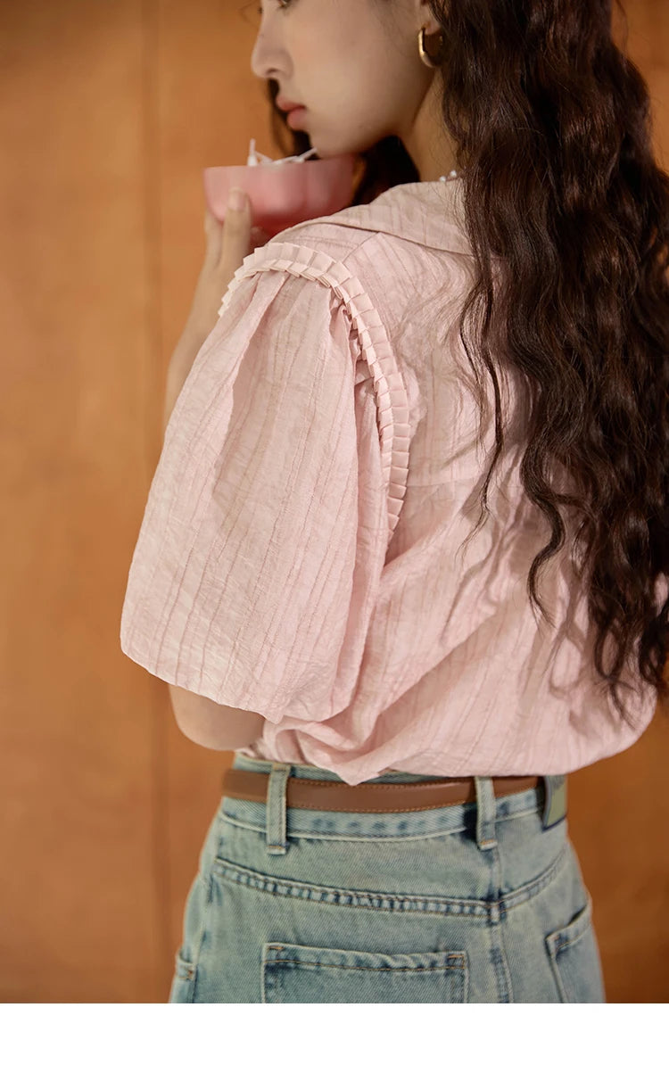 MISHOW Retro Pink Short Sleeved Shirt 2024 Summer V-neck Folded Ruffled Edge Top Elastic Cuffs Lapel Neck Blouses MXD29C0273