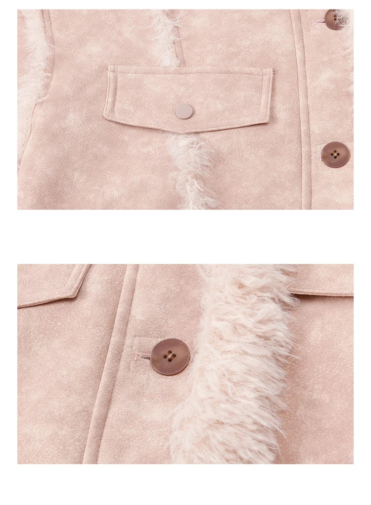 MISHOW Women's Pink Jacket 2025 Winter French Style Stand Collar Plush Patchwork Coat Windproof Warm Coat Woman MXE51W0911