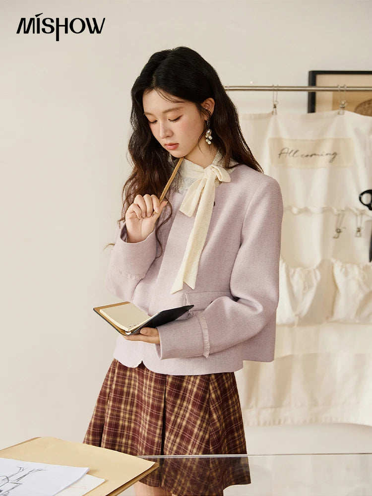 MISHOW Purple Woolen Coat for Women Autumn 2025 Slanted Placket Splicing Lace Coats Shoulder Pads Retro Short Jackets MXE47W0840