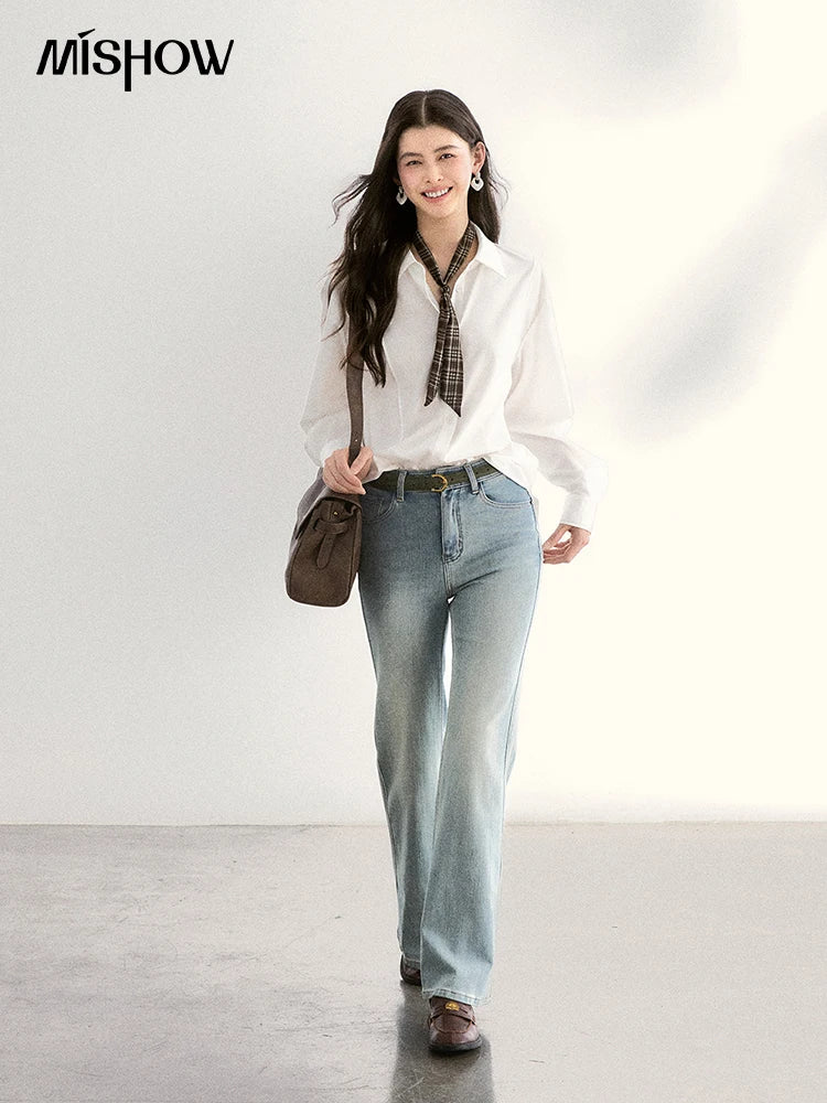 MISHOW Women's Casual Loose Shirt with Plaid Scarf 2026 Spring Lapel Tops Versatile Long Sleeve Shirts Office Lady MXF108C0815