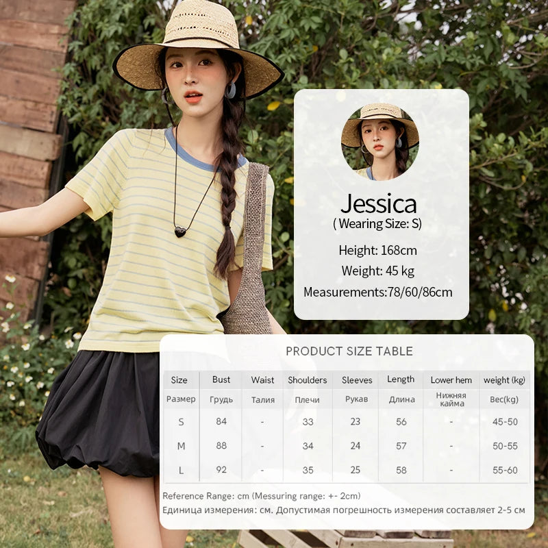 MISHOW Striped Knitted T-shirt for Women Summer 2025 Color Contrasting Round Neck Tees Wool Blended Slim Casual Top MXE35Z1270