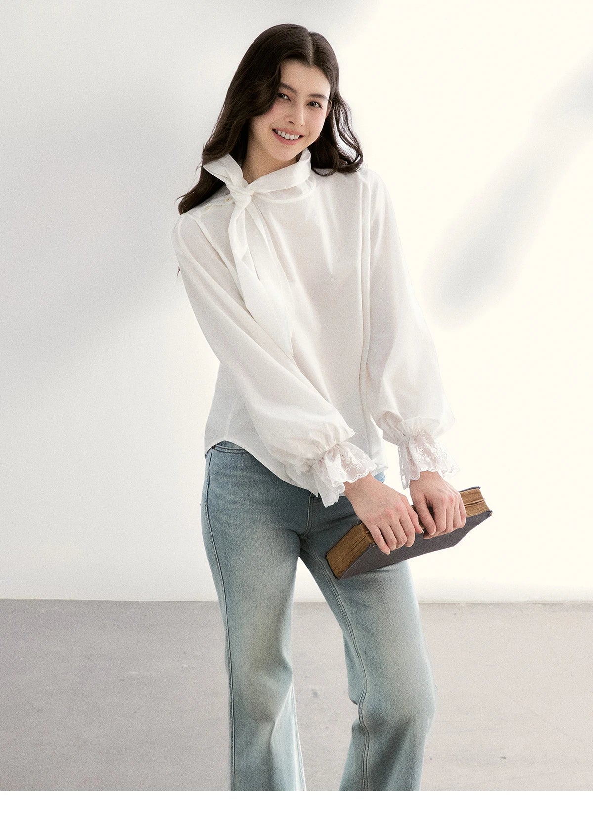 MISHOW Women's White Blouse Spring Bow Tie Neck Lantern Sleeve Patchwork Lace Blouses Casual Elegant Top Office Lady MXF108C0814