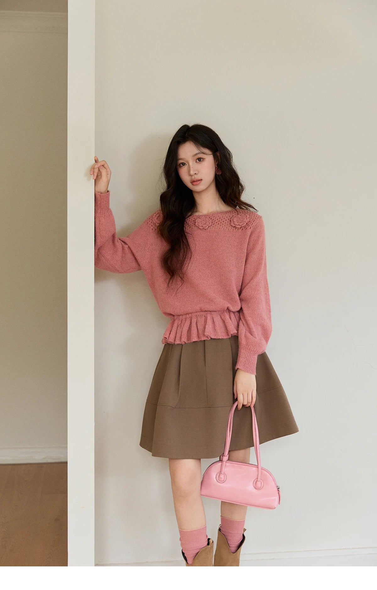 MISHOW Women's Pink Hollow-out Knitwear 2026 Spring Crew Neck Floral Embroidery Sweater Ruffled Hem Casual Loose Top MXE94Z2865