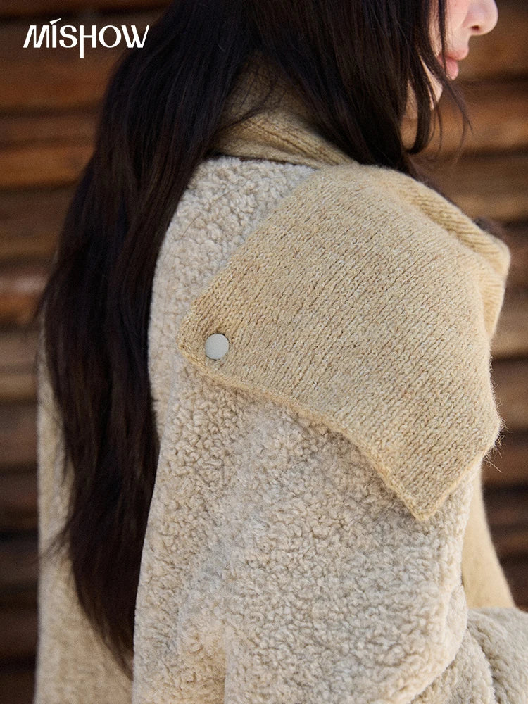 MISHOW Woman Plaid Patchwork Lamb Wool Coat 2025 Winter Round Neck Coat Commute Warm Loose Jacket （Without A Scarf）MXE90W0923