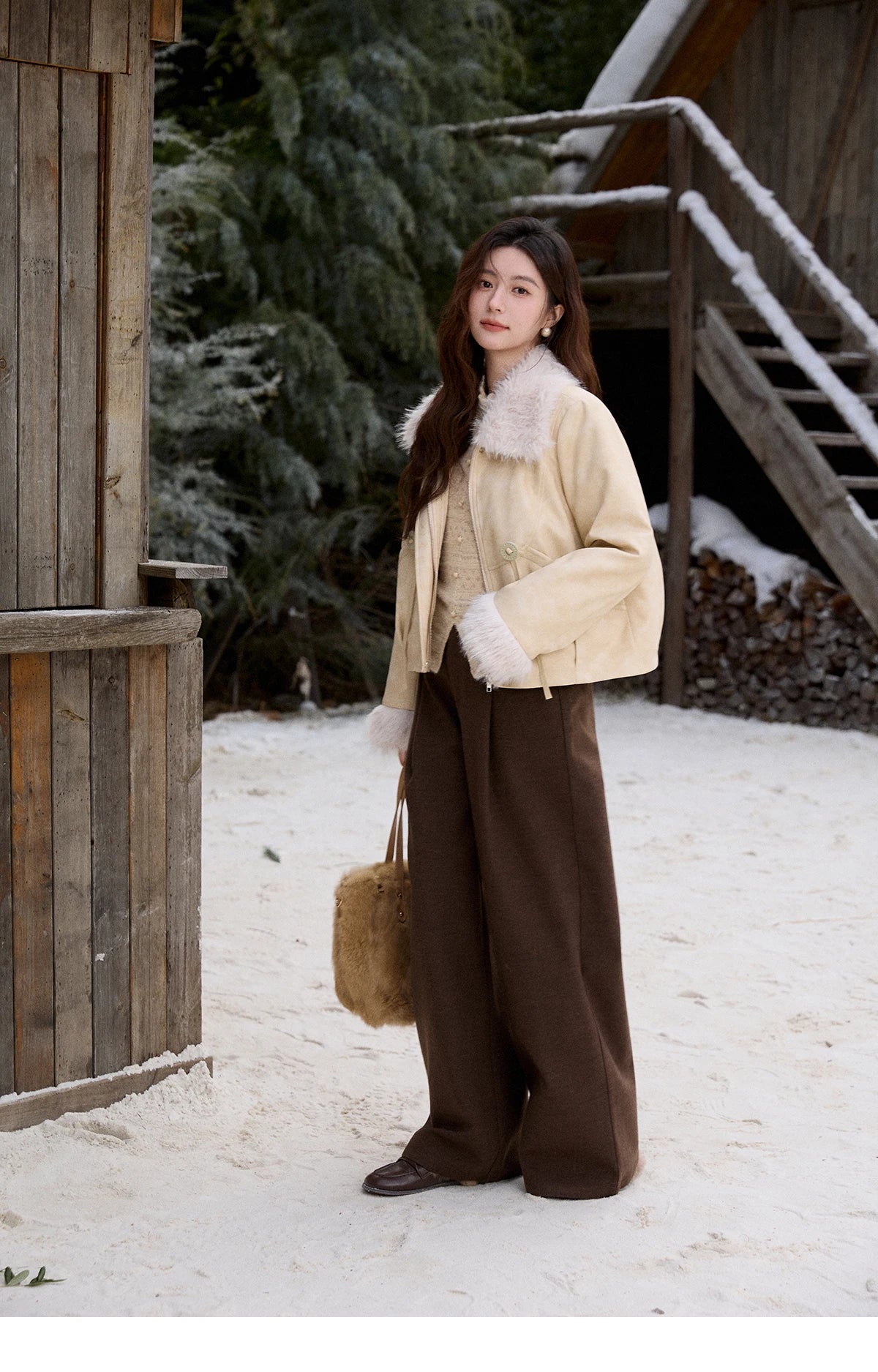 MISHOW Apricot Suede Jacket with Plush Collar Lapel for Women 2025 Winter Warm Overcoat Ladies Retro Thickening Coats MXE91W0987