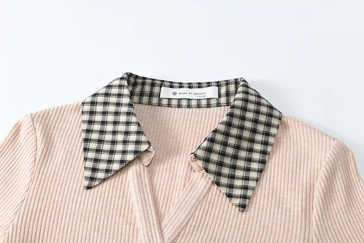 MISHOW Plaid Splicing Fake Two-piece Tops for Women Spring 2025 Contrasting Colors Slim Thin Top V-neck Casual Tees MXE13Z1108