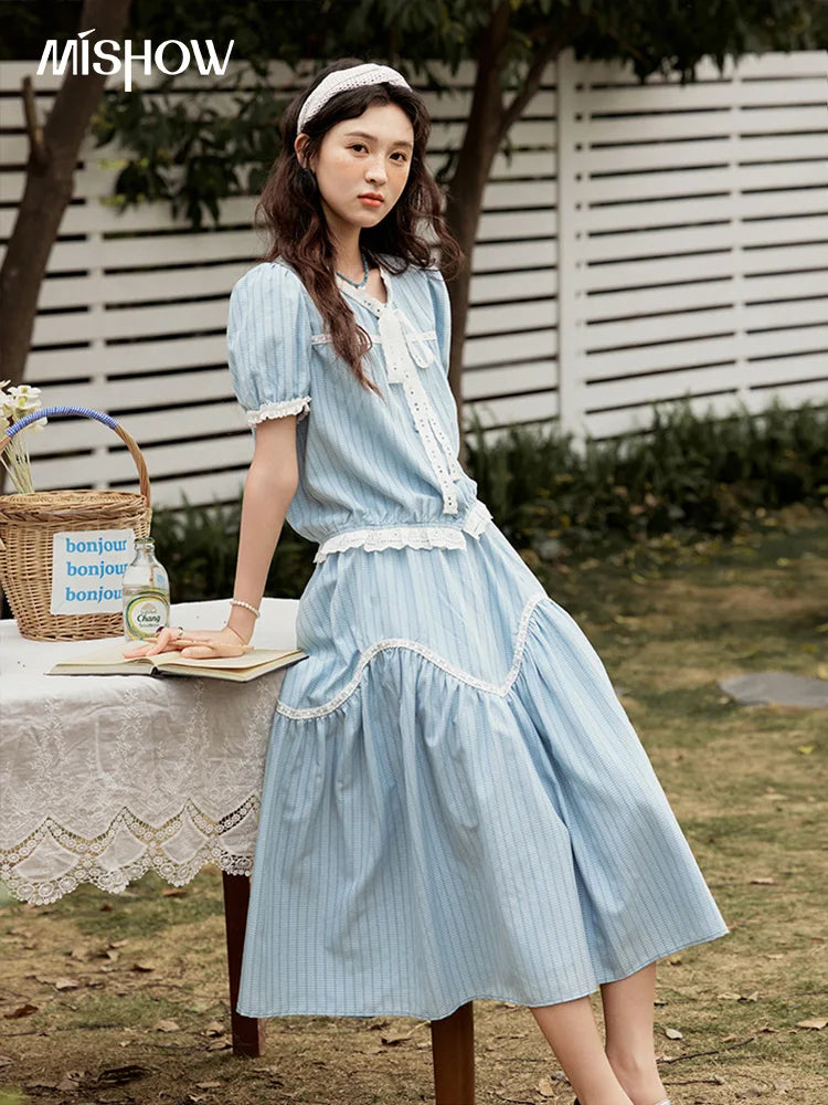 MISHOW Elegant Summer Skirts Sets Women 2025 Short Sleeve V-neck Tops Blue Stripe Lace A-line Skirt Woman Slimming MXE31T0531