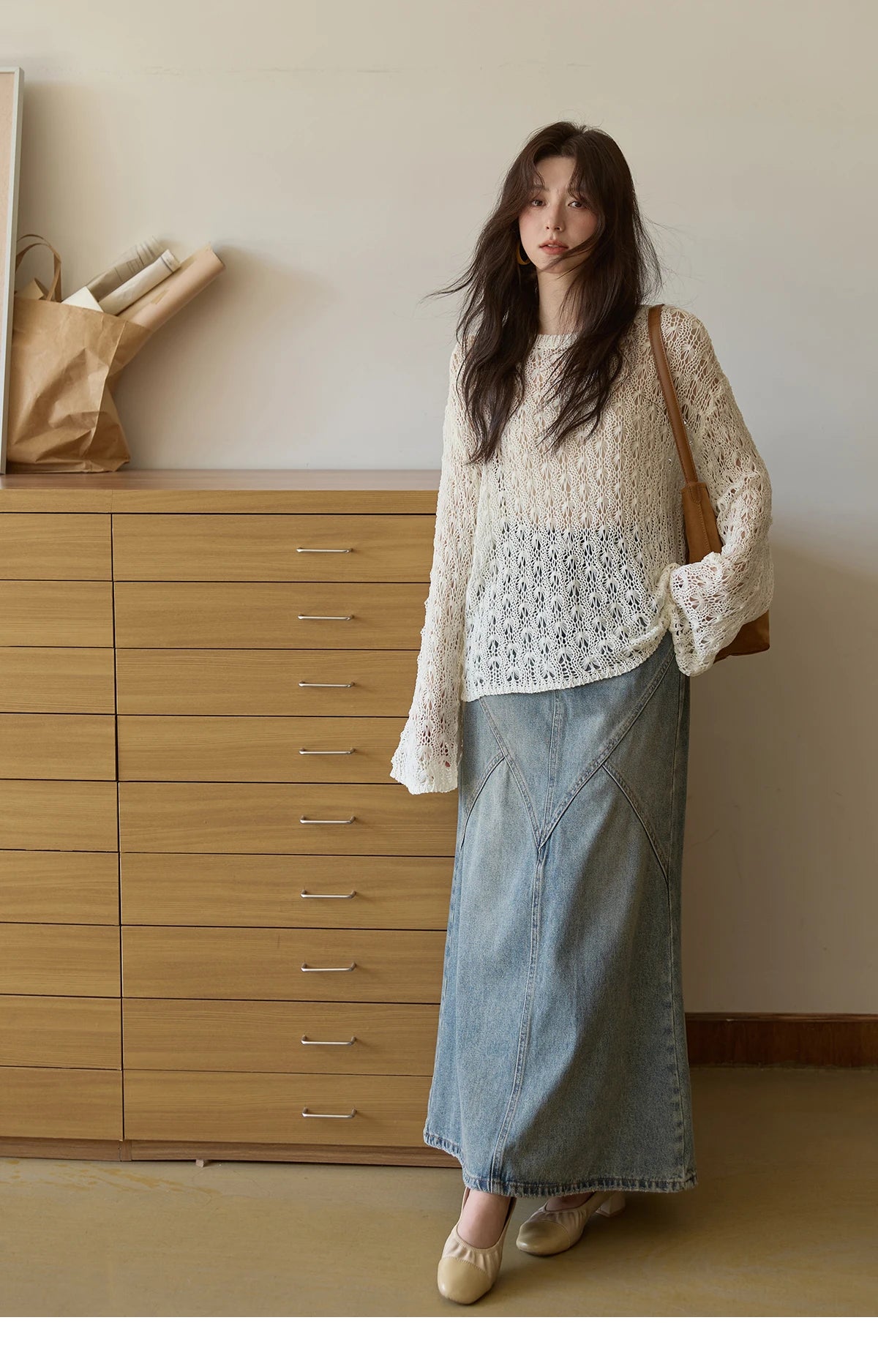 MISHOW Women's Hollow Knitted Tops 2025 Autumn Jacquard Weave Breathable Top Solid Dropped Sleeve Knitted Sweaters MXE43Z1360