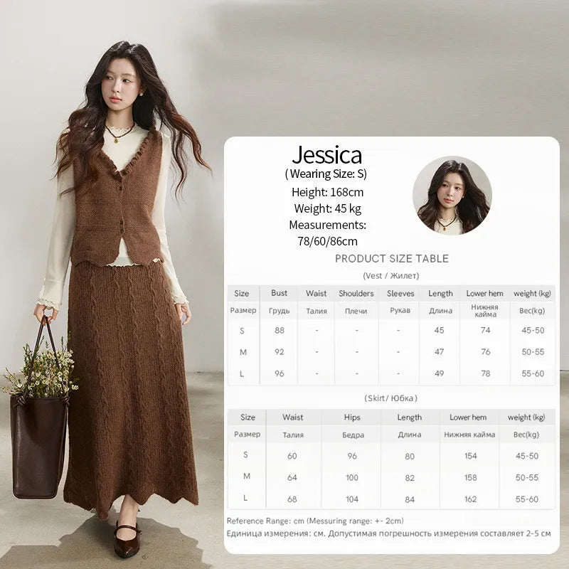 MISHOW Women's Brown Two-Piece Set 2026 Spring Knitted Vest V-Neck Cable Knit Maxi Skirt Casual Retro Warm Outfit MXF11T1460