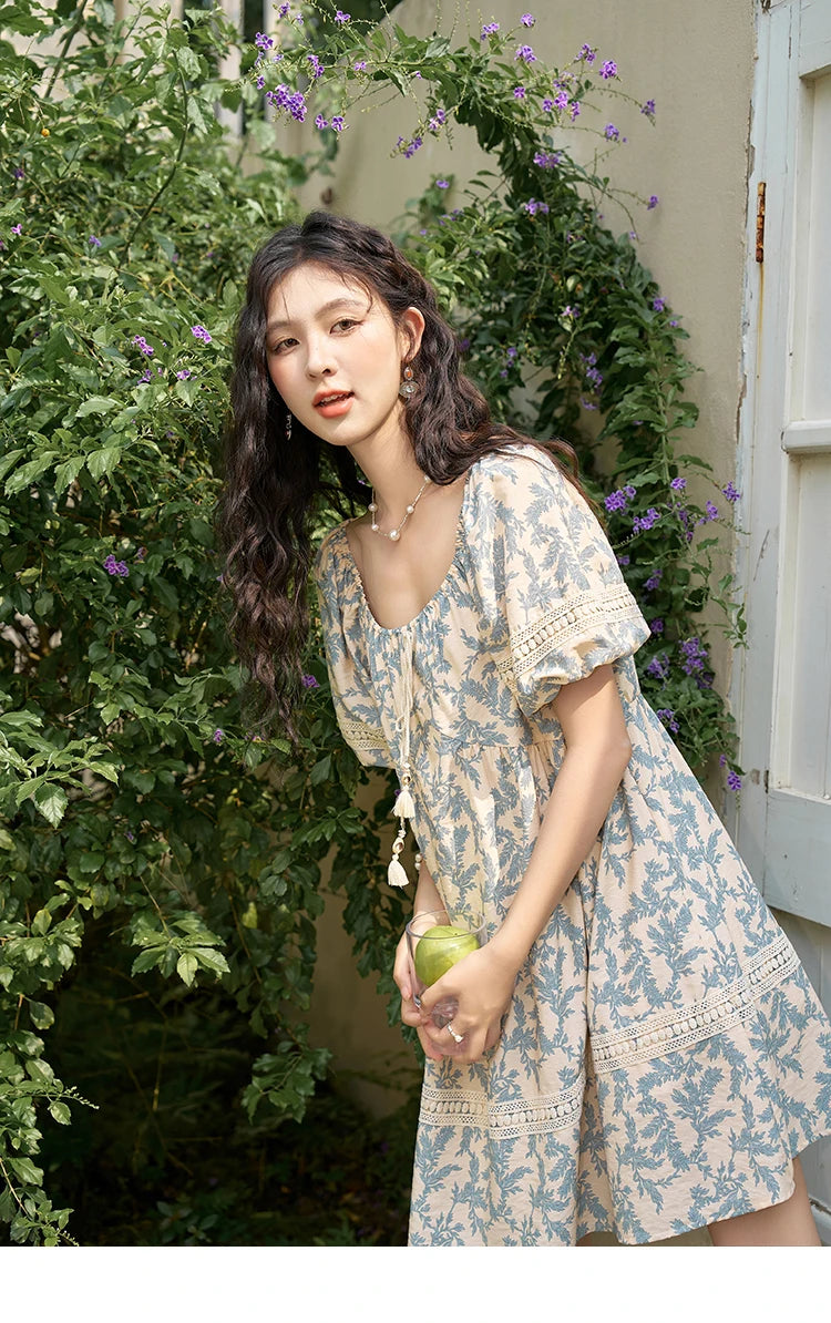 MISHOW French Floral Printing Dress for Women 2024 Summer Vacation U Neck Lace-up Bubble Sleeve Loose Doll Dresses MXD27L1898