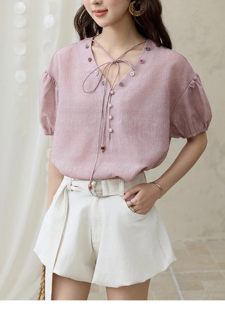 MISHOW French Summer Blouses Women Solid Short Puff Sleeve V-neck Lace-up Design Shirts Female Fashion Straight Tops MXE33X1743