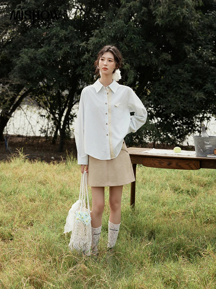 MISHOW Light Blue Striped Shirt for Women Spring 2025 Contrast Color Placket Shirt 100 Cotton Polo Neck Commuting Top MXE15C0762