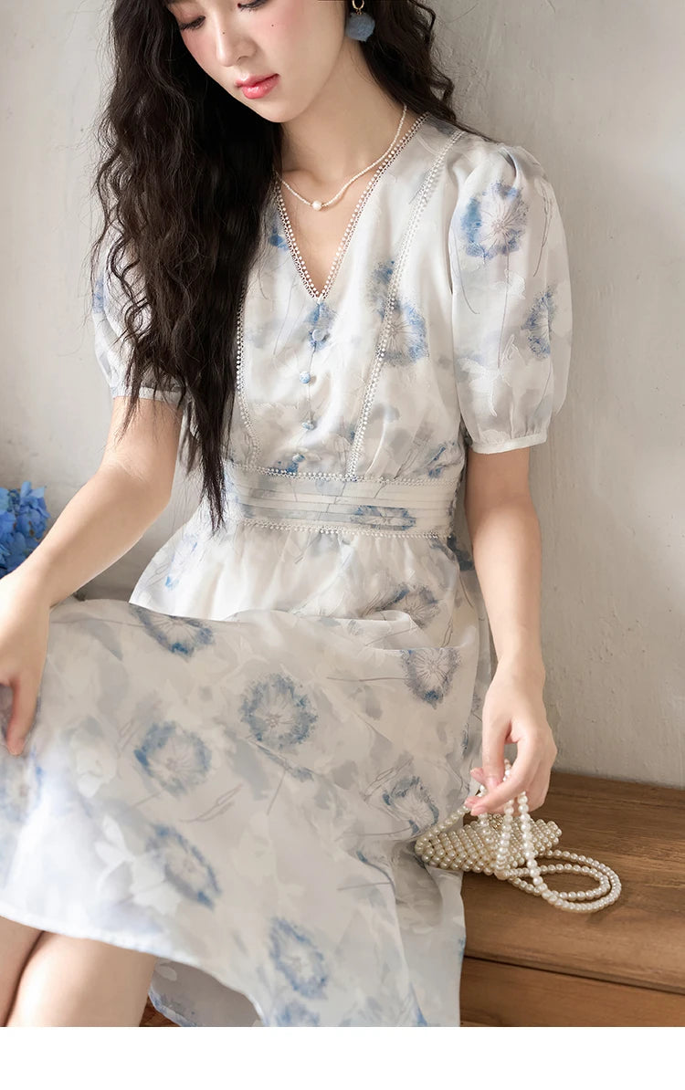 MISHOW 【Taraxacum Series】Chiffon Dress for Women 2023 Summer French Taraxacum Printing V-neck Waist Puff Sleeve Dress MXC39L1555