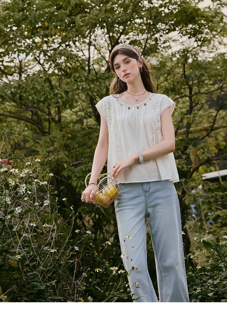 MISHOW French Summer Elegant Blouses Women 2025 Solid Short Flying Sleeve Round Neck Hollow Lace Shirts Woman Fashion MXE33X1778