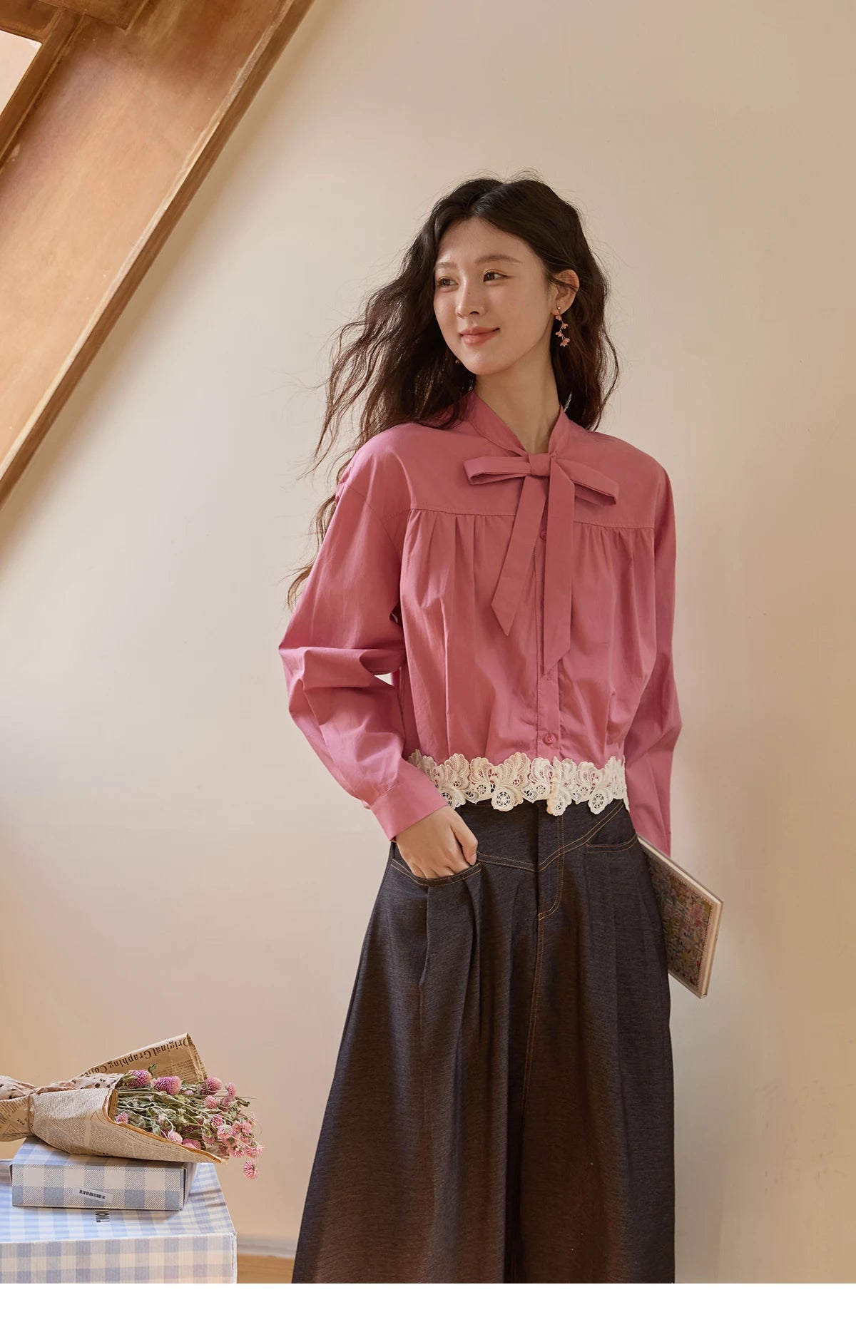 MISHOW Women's Rose Red Stand Collar Shirt 2025 Autumn Bow Tie Hem Splicing Lace Tops Elegant Shirts Office Lady MXE43C2380