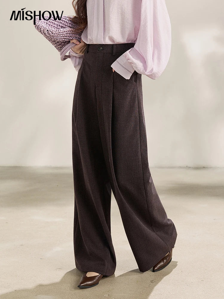 MISHOW Women's Dark Purple Wide Leg Pants 2026 Spring High Waist Pleated Pants Back Elastic Waist Casual Trousers MXF13K1204