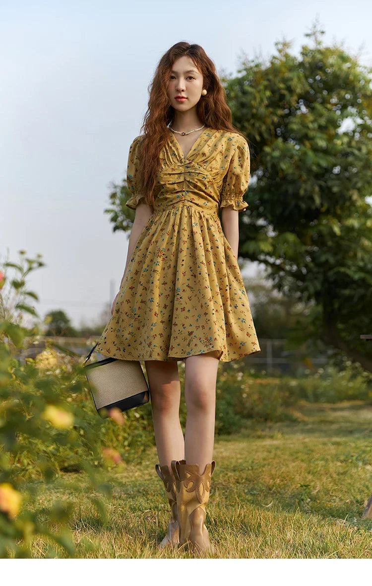 MISHOW Women's Retro Puff Sleeve Flower Dress 2025 Summer Waist Slim A-LINE V-Neck Shirring Female Ankle-Length Dress MXC33L1374