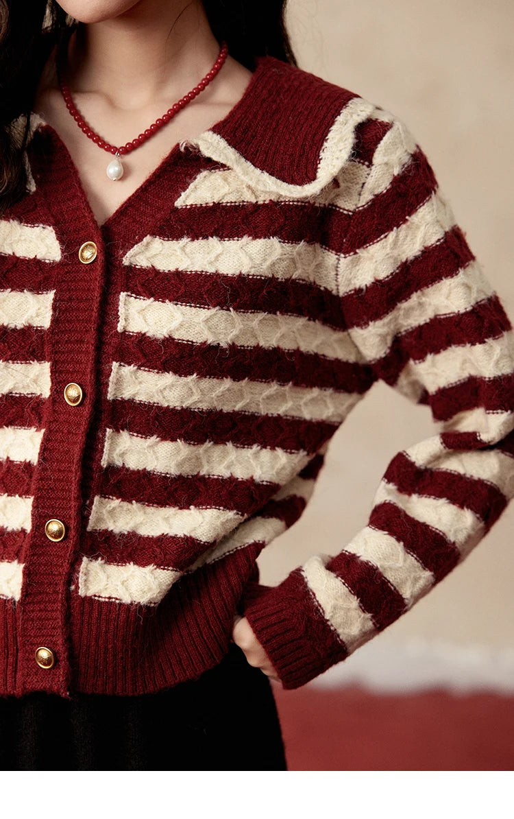 MISHOW Christmas Red Striped Turn Down Collar Cropped Cardigan Thickened Warm Wool Blend Sweater Soft Knitted Tops MXD58Z1038