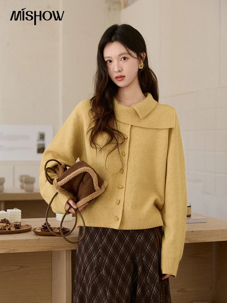 MISHOW Women's Mustard Yellow Knit Cardigan 2026 Spring Asymmetric Collar Dropped Sleeves Tops Casual Loose Sweater MXE93Z2936