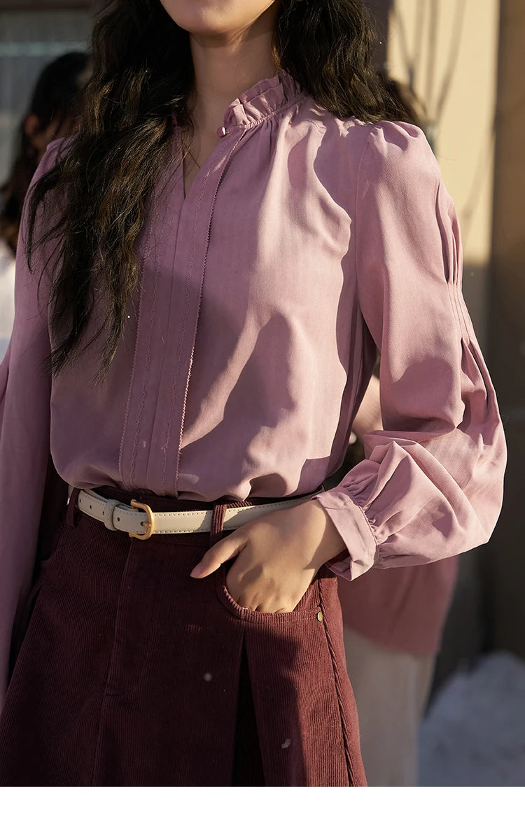 MISHOW French Autumn Winter Button Up Lantern Long Sleeve Shirts Women Ruffle Neck Thick Warm Blouse Flannel Shirt MXC56X1320