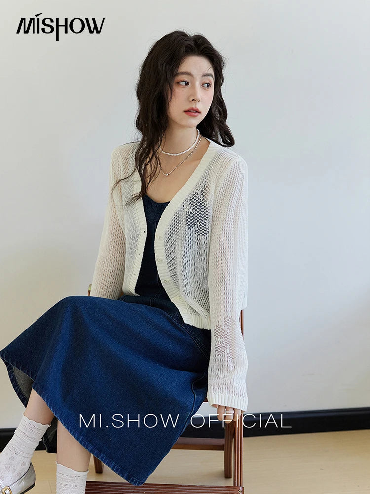 MISHOW Denim Camisole Dress Hollowed Out Cardigan Separately Spring Knitted Cardigan Lace Edge Waist Dress(Not A Set) MXE13L2094