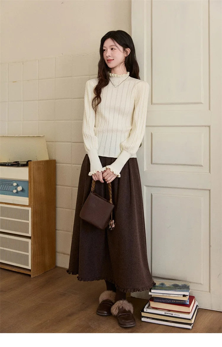 MISHOW Women's Half Turtleneck Ruffle Trim Lantern Sleeve Bottoming Tops 2025 Winter Vertical Rib Slim Knitted Top MXE93Z2810