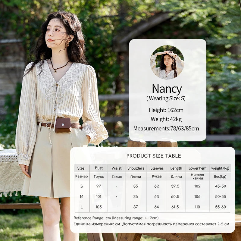 MISHOW French Retro V-neck Lace-up Striped Shirt for Women Spring 2025 Embroidered Lace Long Sleeve Top Casual Shirts MXE12X1715