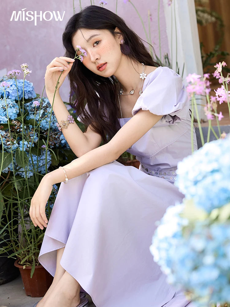 MISHOW French Purple Dresses Women Summer 2025 Solid Short Puff Sleeve Square Neck Slimming Dress Woman New Fashion MXE34L2222