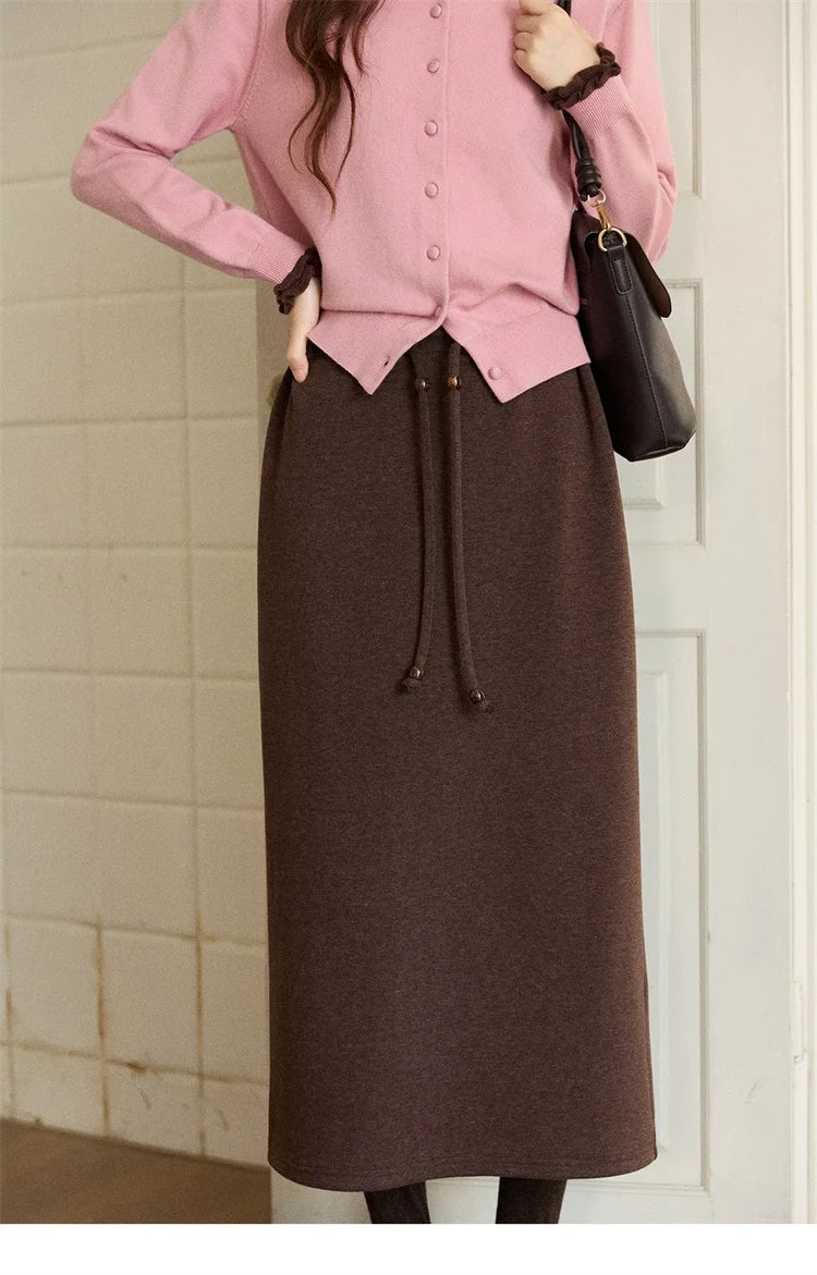 MISHOW Woman Brown Skirt 2025 Retro High Waist Loose Fitting Half Body Skirt with Back Split Straight Leg Long Skirt MXE90B2447