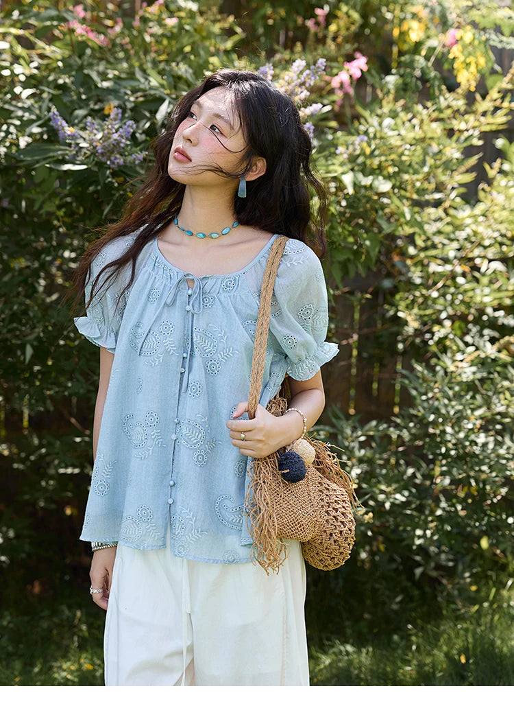 MISHOW Embroidery Flower Shirt for Women 2025 Summer New Fashion Loose Puff Sleeve Round Neck Top Female Clothing MXE39X1922