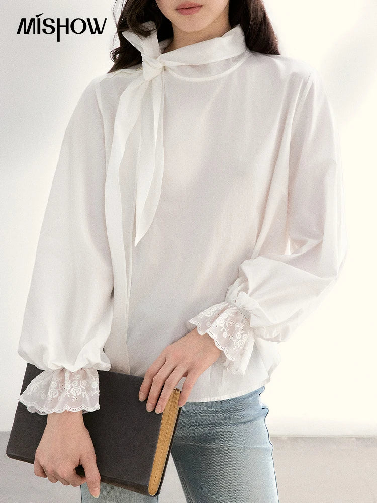 MISHOW Women's White Blouse Spring Bow Tie Neck Lantern Sleeve Patchwork Lace Blouses Casual Elegant Top Office Lady MXF108C0814