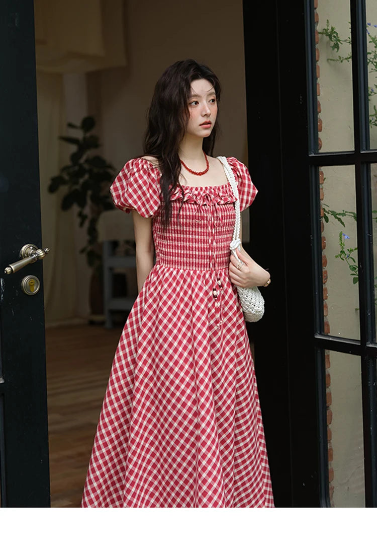 MISHOW Women's Retro Red Plaid Dress 2025 Summer New Square Neck Lace Up Hollow Out Spliced Dresses Women's Clothing MXE39L2324