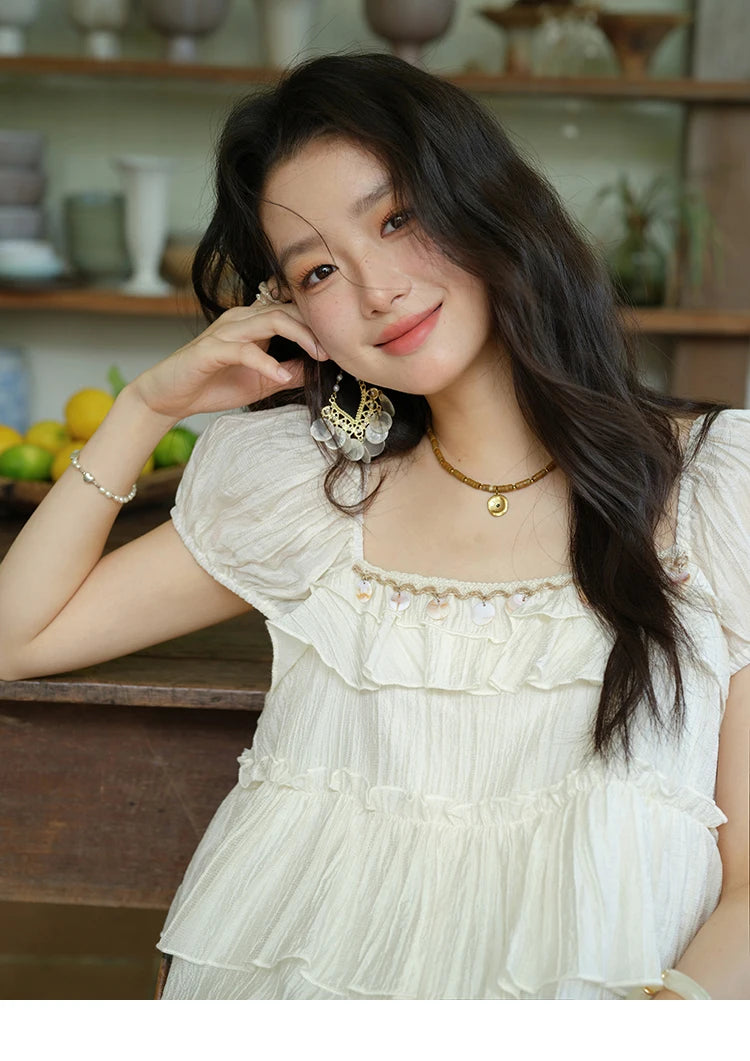 MISHOW Female Fashion Square Collar Loose Blouse 2025 Summer New Commute Puff Sleeve Tierred Top Women's Clothing MXE33X1763